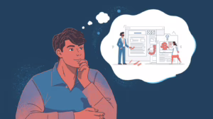Man thoughtfully considering probate bond company options with a thought bubble showing professionals evaluating documents and pricing tools.