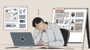Frustrated executor comparing probate bond company options on a laptop with documents and profile evaluations displayed in the background.