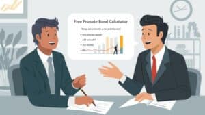 Two business professionals discussing probate bond calculator results in an office setting, reviewing premium charts and estate planning details.