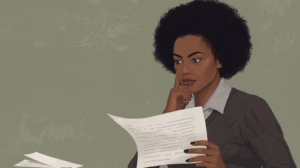 A woman reviewing probate documents with a thoughtful expression, considering estate administration requirements.