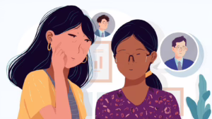 Two women discussing probate bond responsibilities, with illustrated advisors appearing in speech bubbles.
