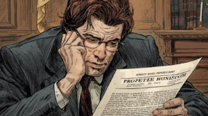 Middle-aged man in glasses reading a probate court surety bond document inside a legal office, analyzing estate-related responsibilities.
