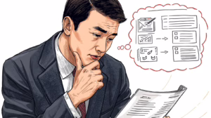 Illustration of a man reviewing probate documents while thinking through the bond waiver process during estate administration.