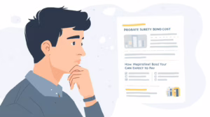 Man analyzing a probate surety bond cost summary and evaluating expected estate administration expenses.