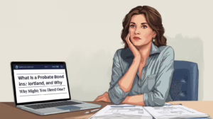 Concerned woman reviewing an online article about probate bond requirements in Portland while surrounded by paperwork.
