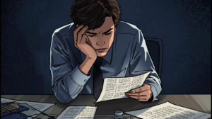 Man concentrating on legal paperwork related to probate court requirements.