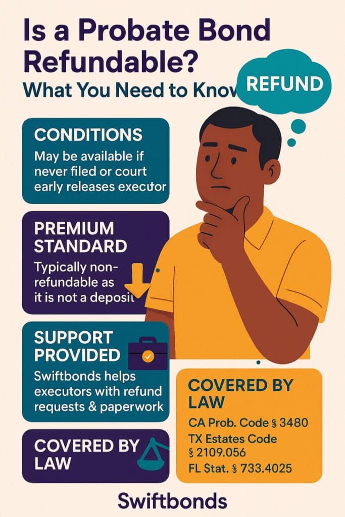 Colorful infographic explaining if a probate bond is refundable, detailing conditions, refund policies, and laws covered by Swiftbonds.