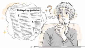 Illustration of a man reviewing confusing probate bond paperwork with uncertainty.