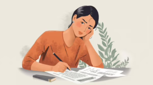 Woman completing probate-related paperwork while considering bond obligations.