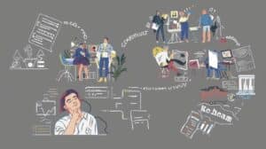 Abstract depiction of professionals collaborating on estate and probate bond documentation in a creative office setting.