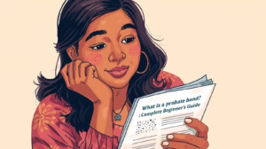 Woman learning about probate bonds by reading a complete beginner’s guide for estate administration.