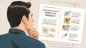 A man studying a probate bond cost guide with illustrated pricing factors and estate-related icons.