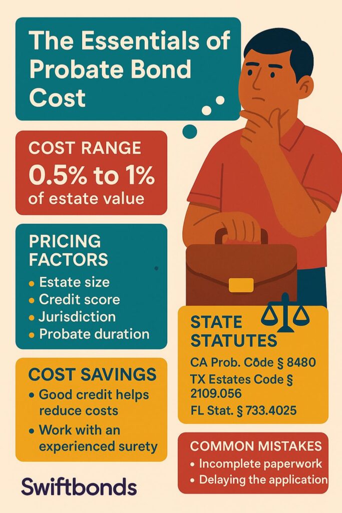 Colorful infographic explaining probate bond cost, showing 0.5%–1% cost range, pricing factors like estate size and credit score, cost-saving tips, and Swiftbonds logo.
