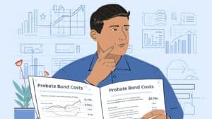 Illustration of a man analyzing probate bond cost reports with graphs and financial charts in the background.