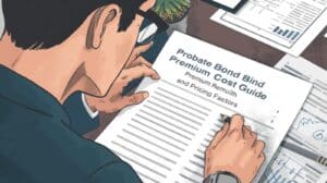 Close-up of a person reviewing and writing on a probate bond premium cost guide document with charts and graphs on a desk.