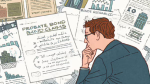 Man reviewing probate bond claim documents surrounded by financial charts and paperwork.