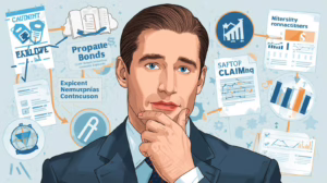 Professional analyzing probate bond claim processes with illustrated charts and claim pathways in the background.