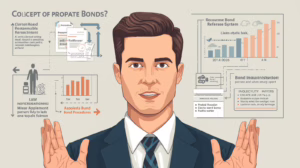 Businessman presenting probate bond concepts with diagrams showing bond procedures and reimbursement steps.