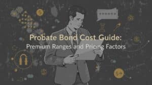 Professional grayscale illustration of a businessman holding a document titled ‘Probate Bond Cost Guide: Premium Ranges and Pricing Factors.