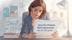 Woman reviewing a SureTec probate bond application guide at her desk with paperwork and office supplies in the background.