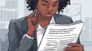 Business professional reading a document titled ‘How to Complete a SureTec Probate Bond Application Step-by-Step’ in an office setting.