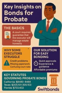 Infographic detailing key insights on bonds for probate, including executor responsibilities, challenges, and Swiftbonds’ bonding solutions.