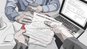 Close-up of hands exchanging Tennessee Vehicle Dealer Bond documents over a laptop, depicting collaboration and digital efficiency in completing dealer bond applications.