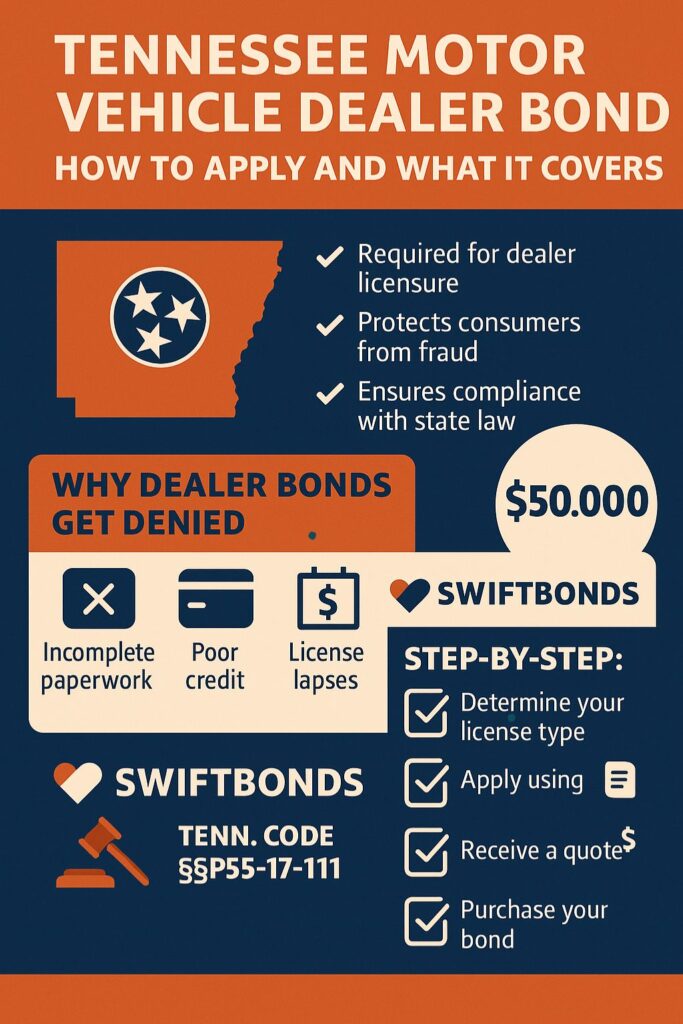 A Tennessee-themed infographic in orange, navy, and white titled “Tennessee Motor Vehicle Dealer Bond: How to Apply and What It Covers.” It highlights bond requirements, $50,000 bond amount, reasons for application denial, and Swiftbonds’ step-by-step assistance in the licensing process.