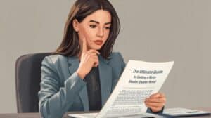 Focused female dealer studying a printed document titled ‘The Ultimate Guide to Getting a Motor Vehicle Dealer Bond,’ representing careful review of DMV bonding requirements.