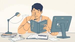 Illustration of a man reading ‘The Ultimate Guide’ at his desk with books and a computer, depicting research and preparation for motor vehicle dealer bond compliance.