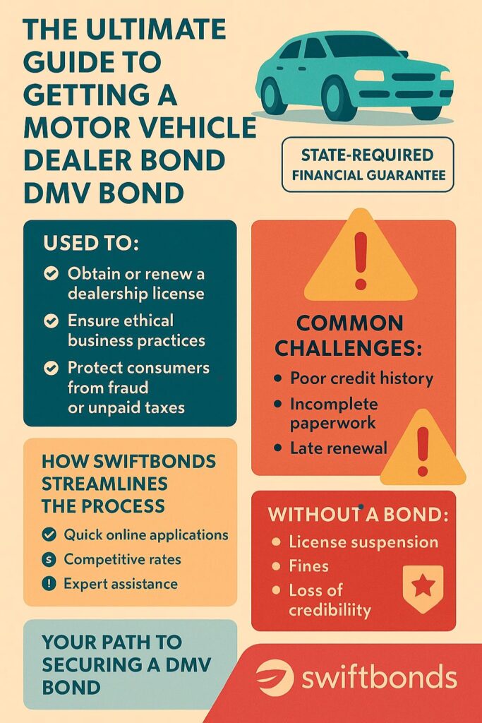 Informative infographic from Swiftbonds explaining the ultimate guide to getting a motor vehicle dealer bond DMV bond, showing key sections like benefits, challenges, and the bonding process with modern design and clear typography.