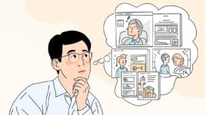 Illustration of a man considering different online mortgage broker bond platforms, reflecting decision-making about secure and verified websites for mortgage bond applications.