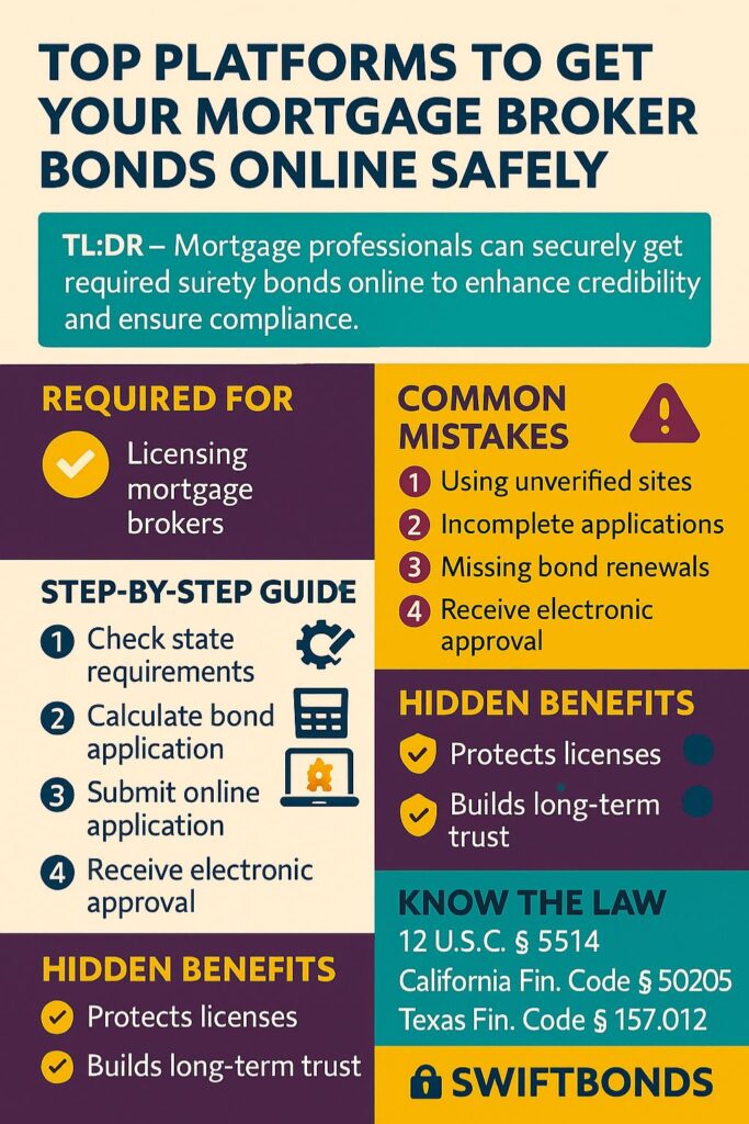 Infographic showing how to get mortgage broker bonds online safely, including steps for checking state requirements, calculating bond amounts, submitting online applications, and avoiding common mistakes like using unverified sites. Includes legal references and benefits such as protecting licenses and building trust.