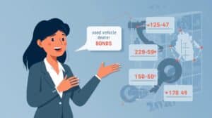 A professional woman in a business suit presenting data about used motor vehicle dealer bonds, symbolizing guidance on even-year licensing and compliance processes.