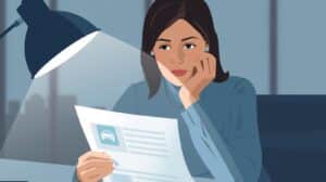 A businesswoman reading vehicle bond paperwork under a desk lamp, highlighting attention to detail in the used motor vehicle dealer bond even years application process.