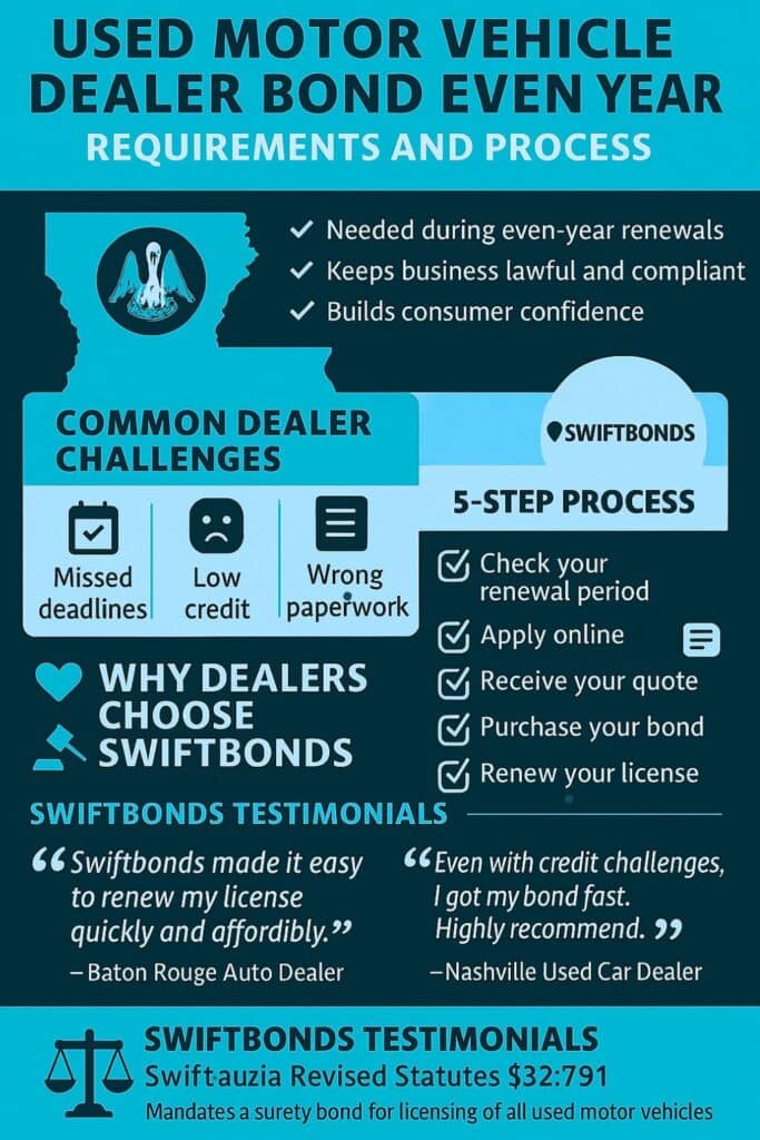 A Louisiana- and Tennessee-themed infographic titled “Used Motor Vehicle Dealer Bond Even Year: Requirements and Process.” It highlights licensing compliance steps, common challenges, Swiftbonds benefits, a 5-step renewal process, testimonials, and Louisiana Revised Statutes §32:791. The design features navy, gold, and deep blue tones for a professional appearance.