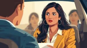 A dealership manager in a yellow blazer discussing Louisiana used motor vehicle dealer bond renewal requirements, illustrating professional consultation and licensing compliance.