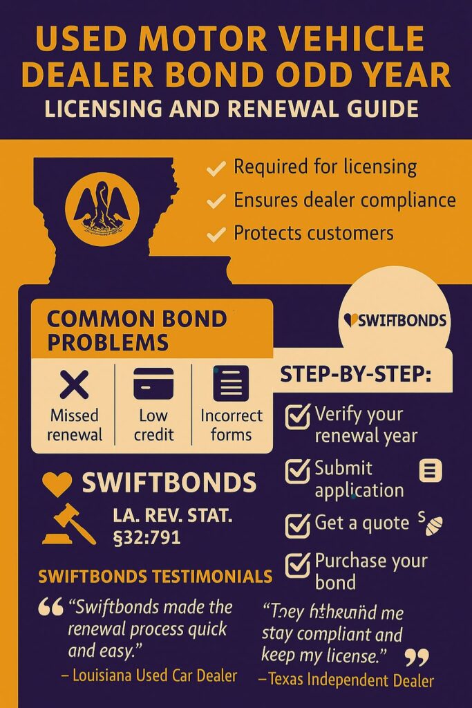A Louisiana-themed infographic in deep purple, gold, and navy titled “Used Motor Vehicle Dealer Bond Odd Years Licensing and Renewal Guide.” It features key points such as licensing requirements, customer protection, common bond problems, Swiftbonds’ renewal steps, and Louisiana Revised Statute §32:791.
