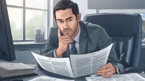 A professional man in a Louisiana dealership office reading through legal paperwork, symbolizing careful preparation and understanding of state bond regulations for used motor vehicle dealers.