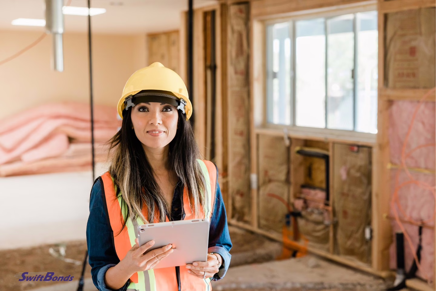 A woman at a building site with a clipboard.
