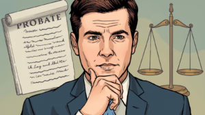 Illustration of a man reviewing probate documents with courtroom scales behind him, emphasizing probate bond responsibilities.
