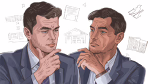 Two men evaluating probate bond requirements and discussing cost differences across states with estate documents illustrated in the background.