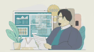 Financial analyst reviewing probate surety bond pricing data on a computer screen with charts, state rate indicators, and paperwork.