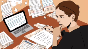 Illustration of a woman reviewing probate documents and financial records while evaluating the need for a probate bond supplement.