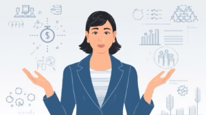 Businesswoman surrounded by icons representing finance, valuation, and estate administration as she considers probate bond supplement requirements.