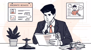 Illustration of a man reviewing probate bond documents at his desk with charts and diagrams displayed on the wall behind him.
