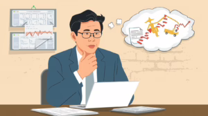 Illustration of a man at a laptop contemplating probate bond issues, shown through a thought bubble with legal documents and financial symbols.
