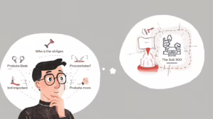 Illustration of a man contemplating who the obligee is in a probate bond, shown with icons representing probate roles and responsibilities.