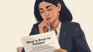 A thoughtful woman reviewing a probate bond explanation document for executors and administrators.