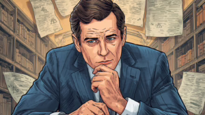A probate attorney analyzing estate documents in a law library with paperwork floating around.